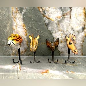 African Safari Hand Carved Elephant, Giraffe, Rhino, Cheetah wall hooks.